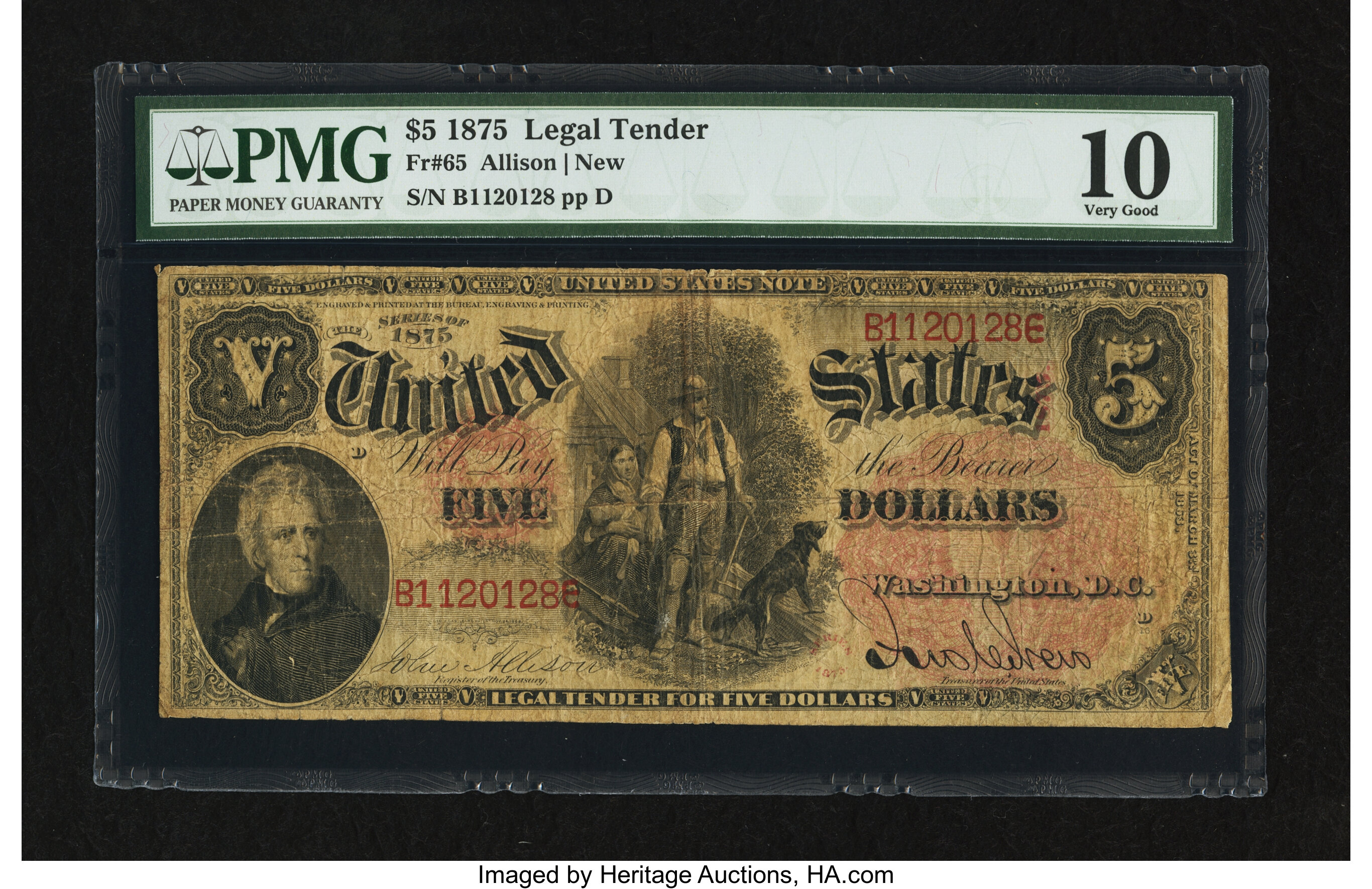 image for: Fr. 65 $5 1875 Legal Tender PMG Very Good 10....
