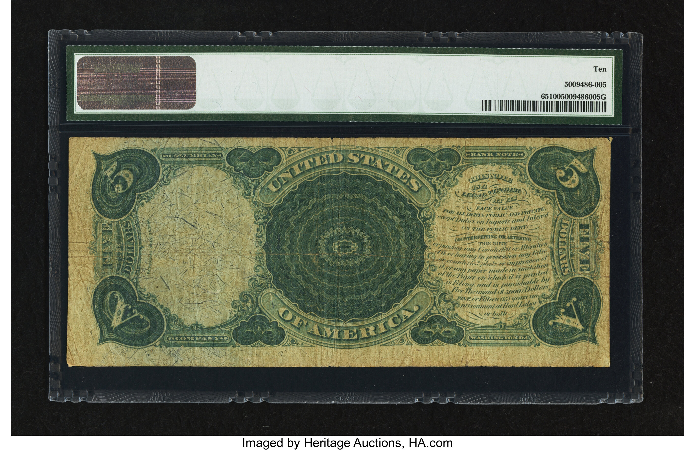 image for: Fr. 65 $5 1875 Legal Tender PMG Very Good 10....