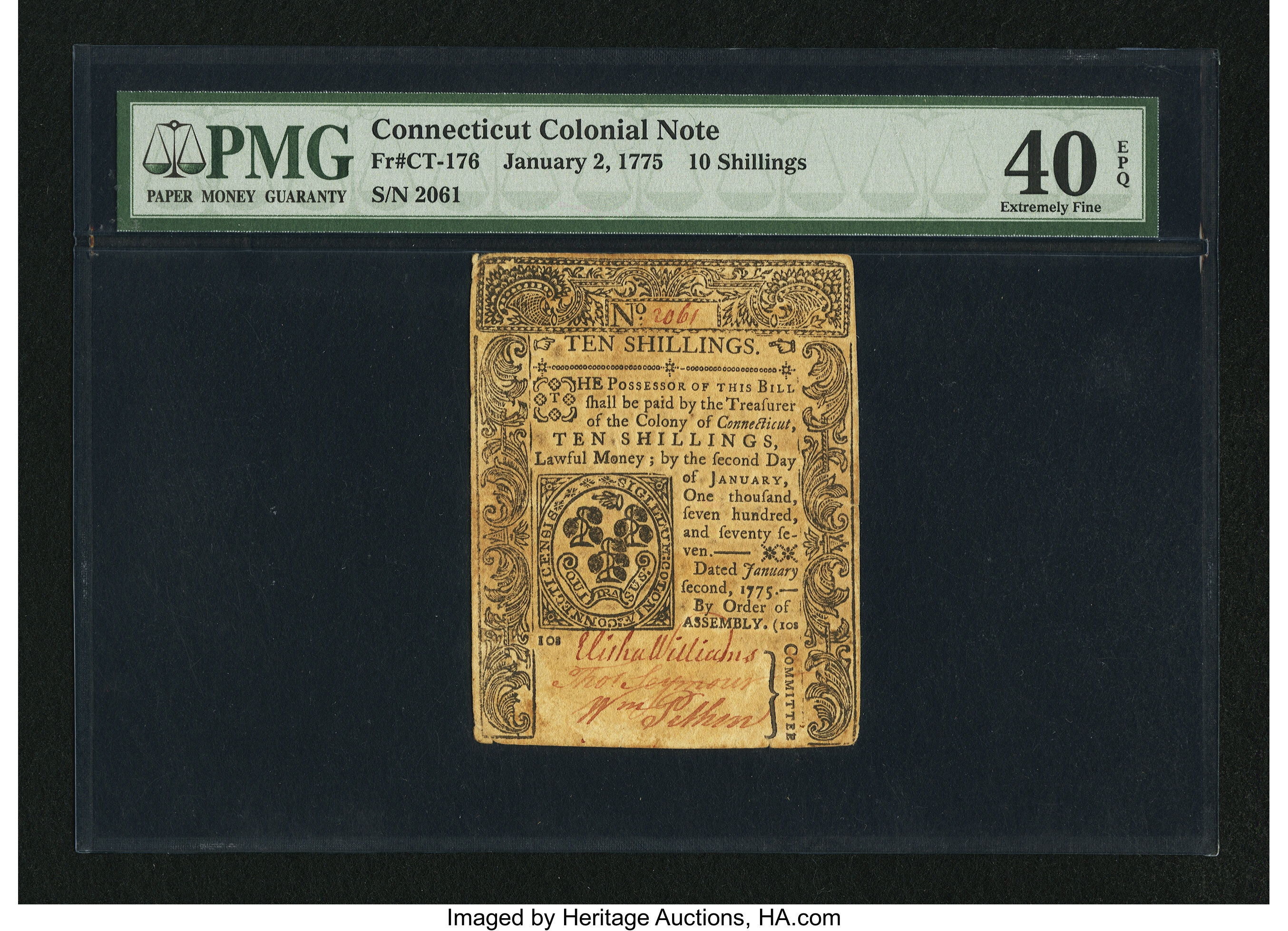 image for: Connecticut January 2, 1775 10s PMG Extremely Fine 40 EPQ....
