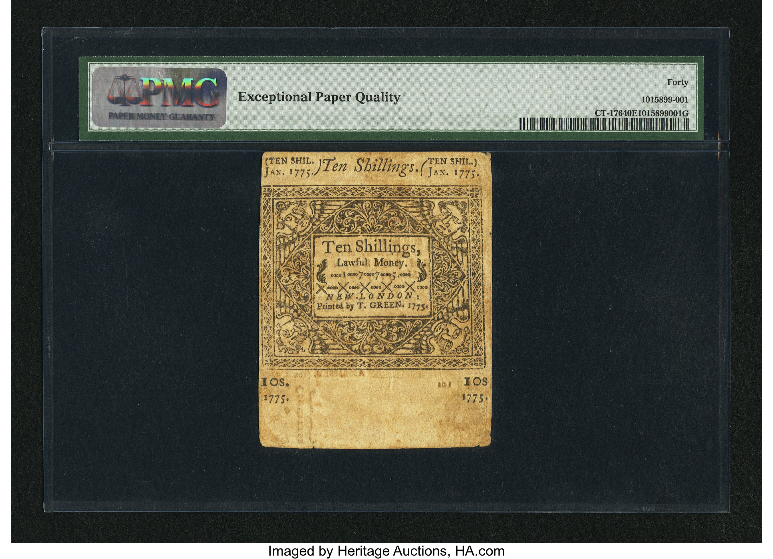 image for: Connecticut January 2, 1775 10s PMG Extremely Fine 40 EPQ....