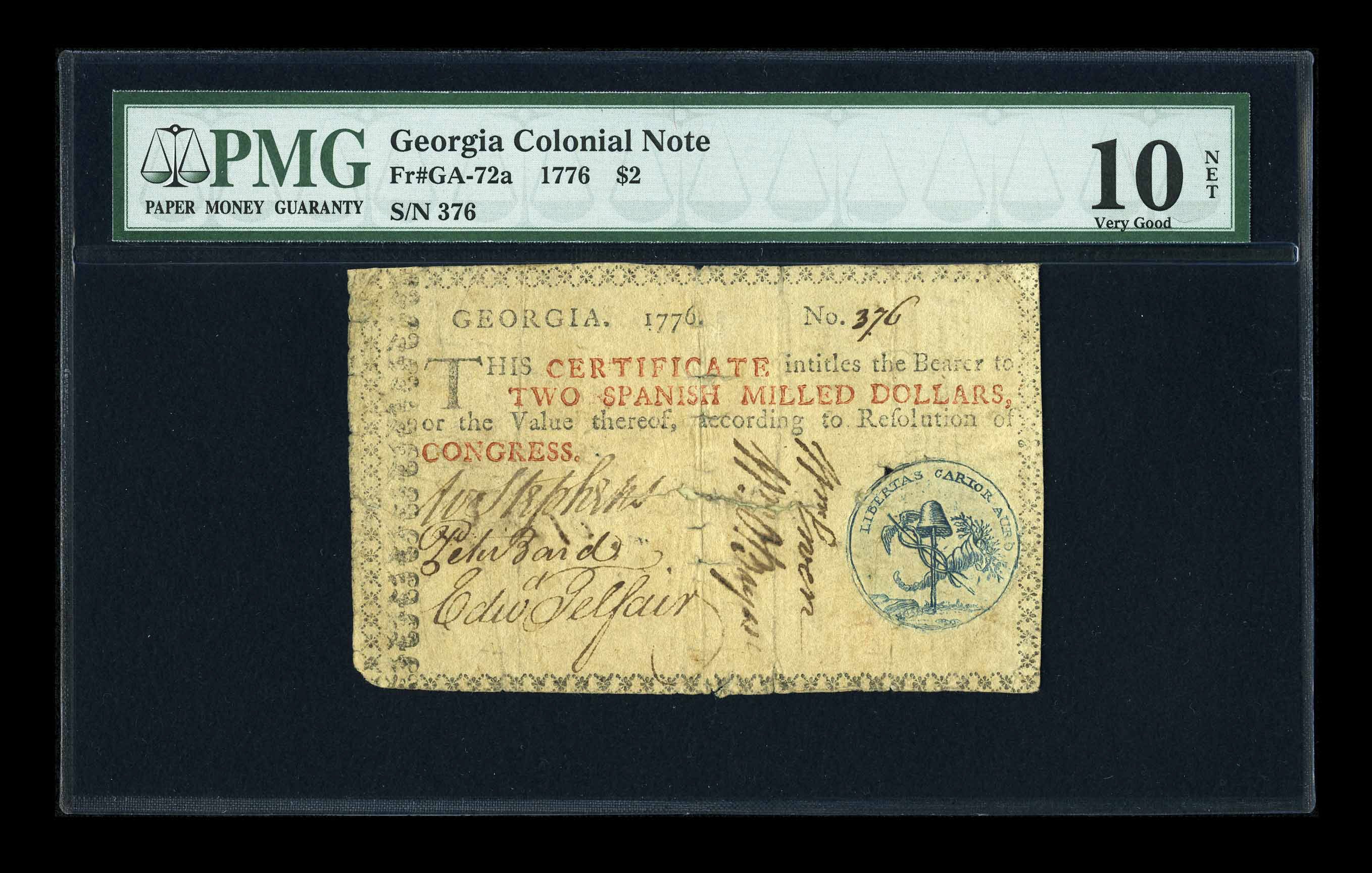 image for: Georgia 1776 $2 PMG Very Good 10 Net....