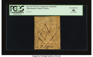 image for: Massachusetts June 18, 1776 24s Contemporary Counterfeit PCGS Extremely Fine 40....