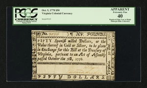 image for: Virginia October 5, 1778 $50 PCGS Apparent Extremely Fine 40....