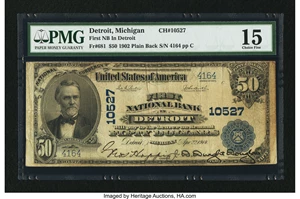 image for: Detroit, MI - $50 1902 Plain Back Fr. 681 First & Old NB Ch. # 10527...