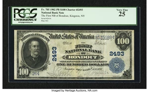 image for: Rondout, NY - $100 1902 Plain Back Fr. 705 The First NB Ch. # 2493...