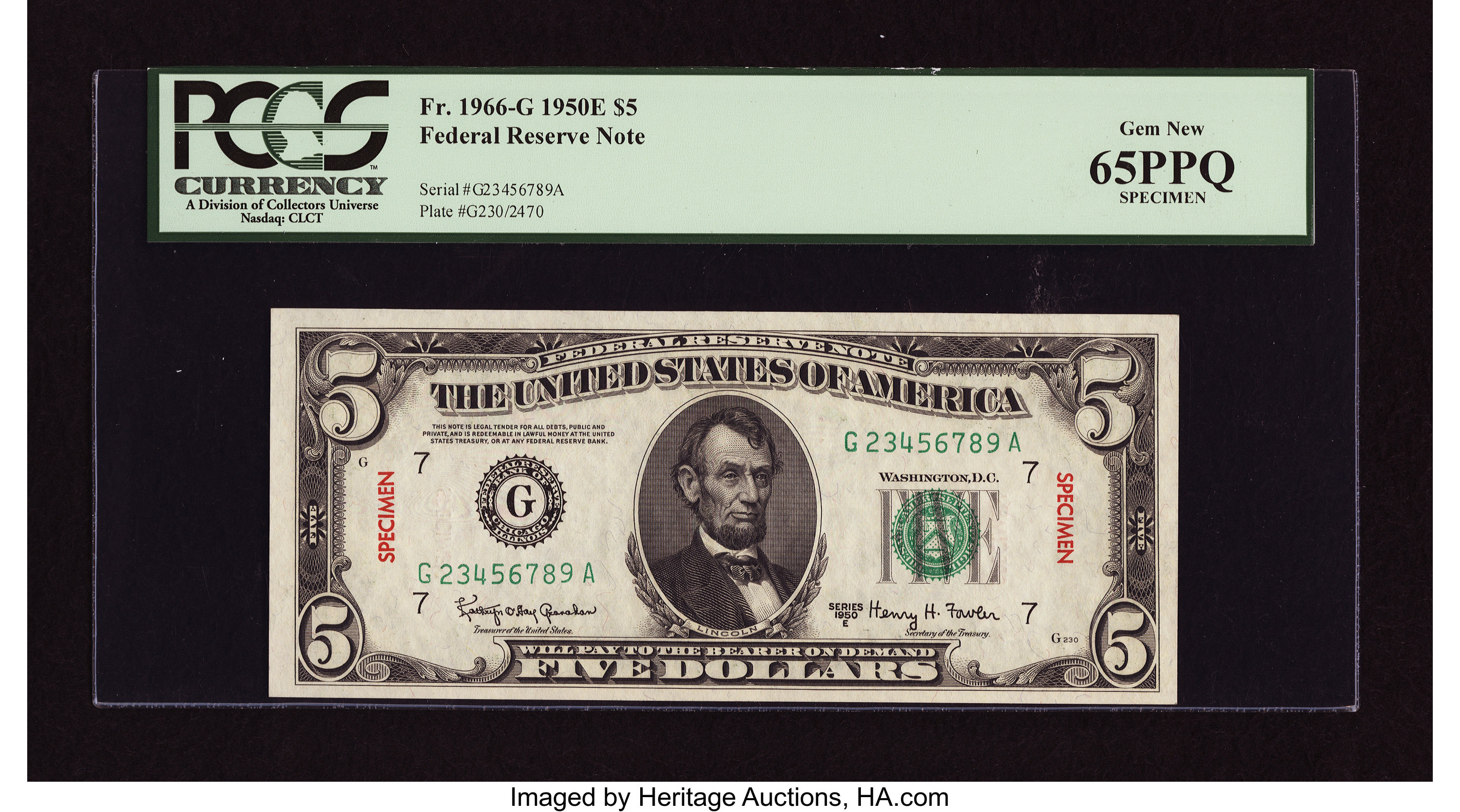 image for: Fr. 1966-G $5 1950E Specimen Federal Reserve Note. PCGS Gem New 65PPQ....