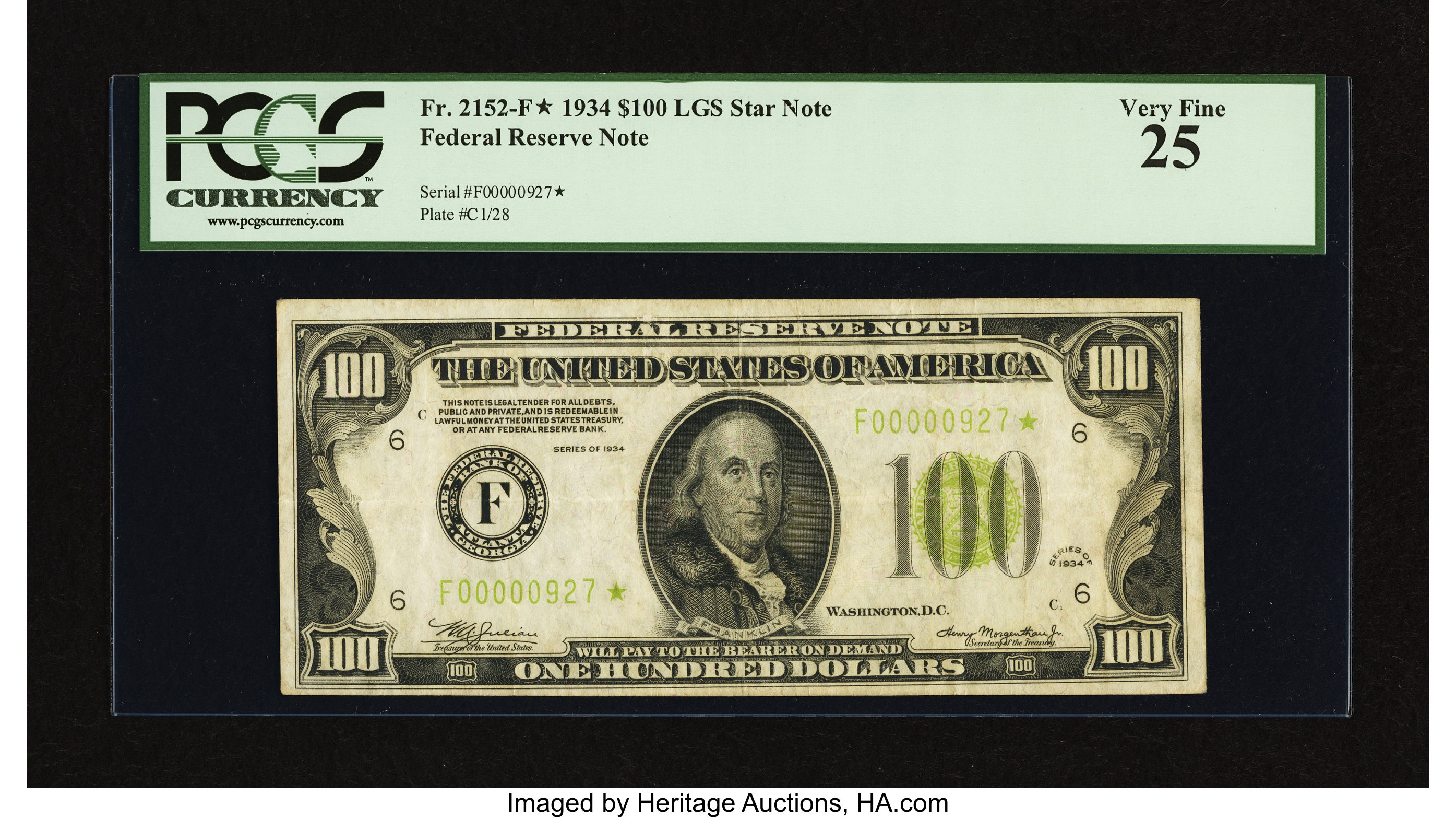 image for: Fr. 2152-F* $100 1934 Light Green Seal Federal Reserve Note. PCGS Very Fine 25....