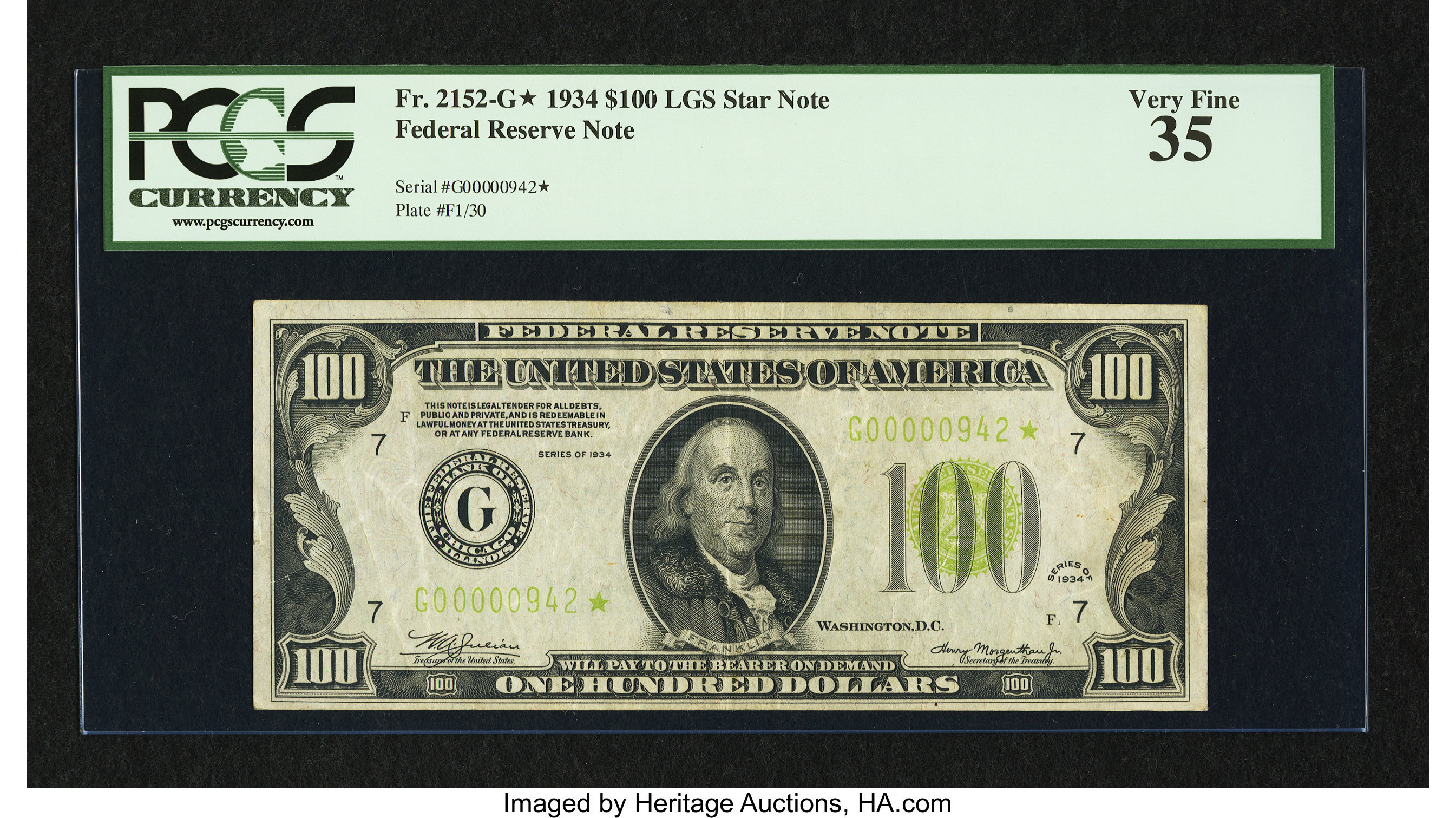 image for: Fr. 2152-G* $100 1934 Light Green Seal Federal Reserve Note. PCGS Very Fine 35....