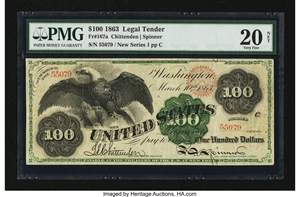 image for: Fr. 167a $100 1863 Legal Tender PMG Very Fine 20 Net....