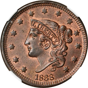 image for: 1838 Modified Matron Head Cent. N-1. Rarity-1. MS-65 BN (NGC). CAC.