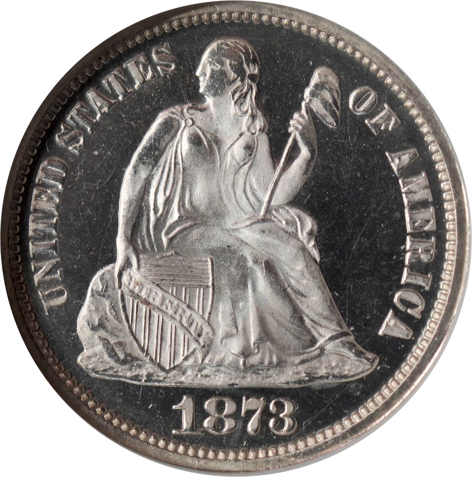 image for: 1873 Seated Liberty Dime. No Arrows. Closed 3. Proof-67 Ultra Cameo (NGC).
