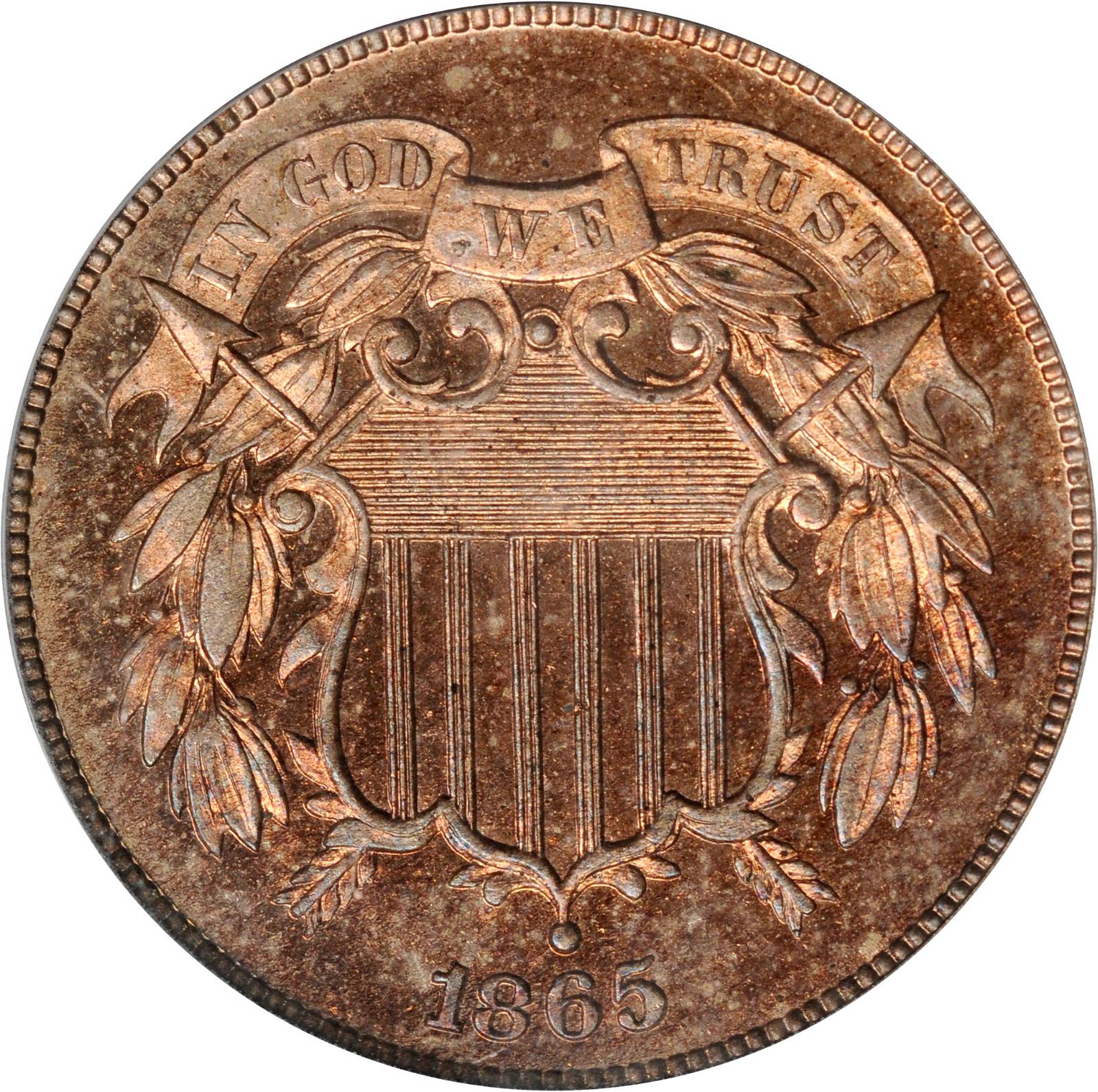 image for: 1865 Pattern Two-Cent Piece. Judd-409, Pollock-478. Rarity-7. Proof-64 (PCGS).