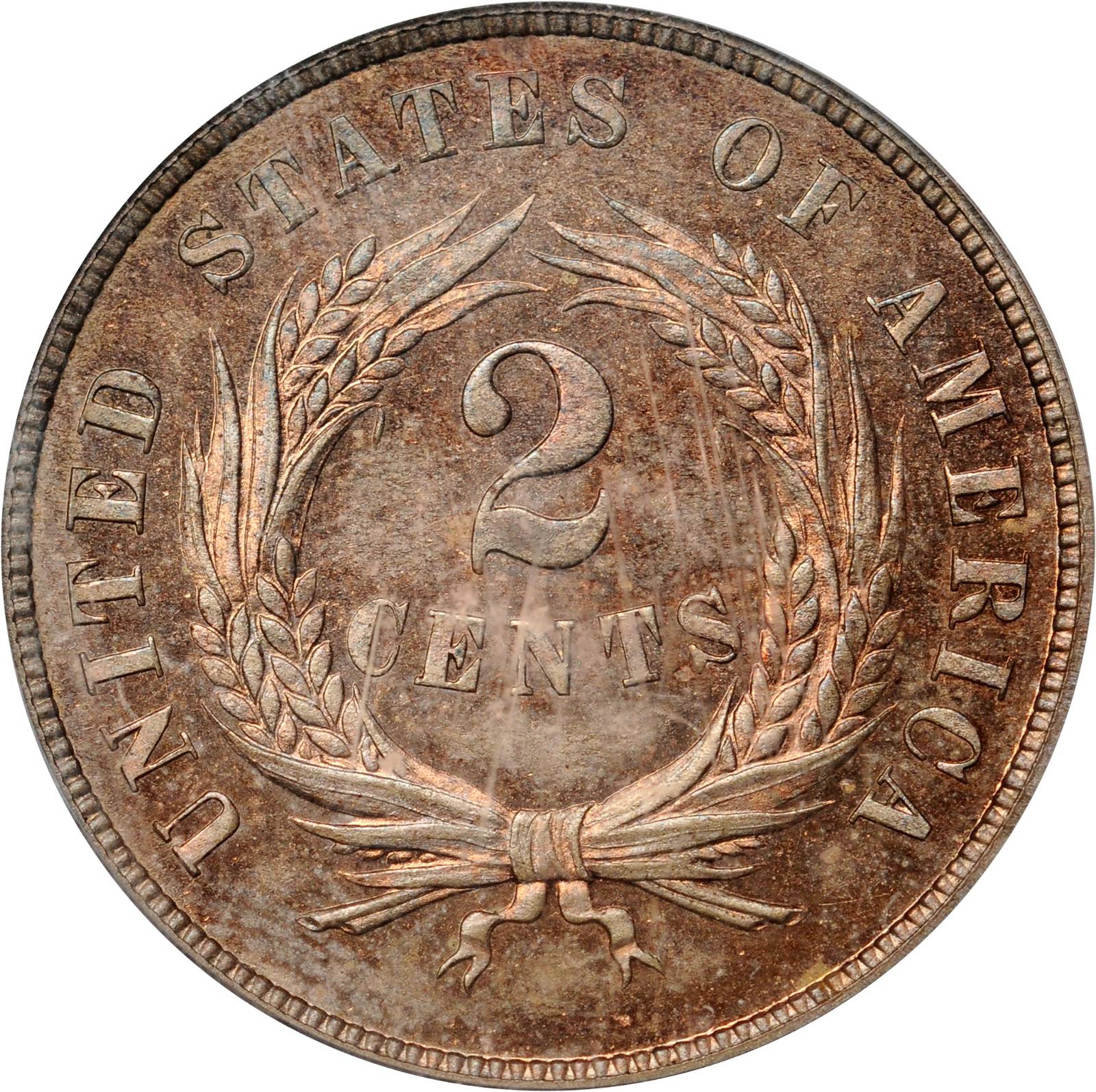 image for: 1865 Pattern Two-Cent Piece. Judd-409, Pollock-478. Rarity-7. Proof-64 (PCGS).