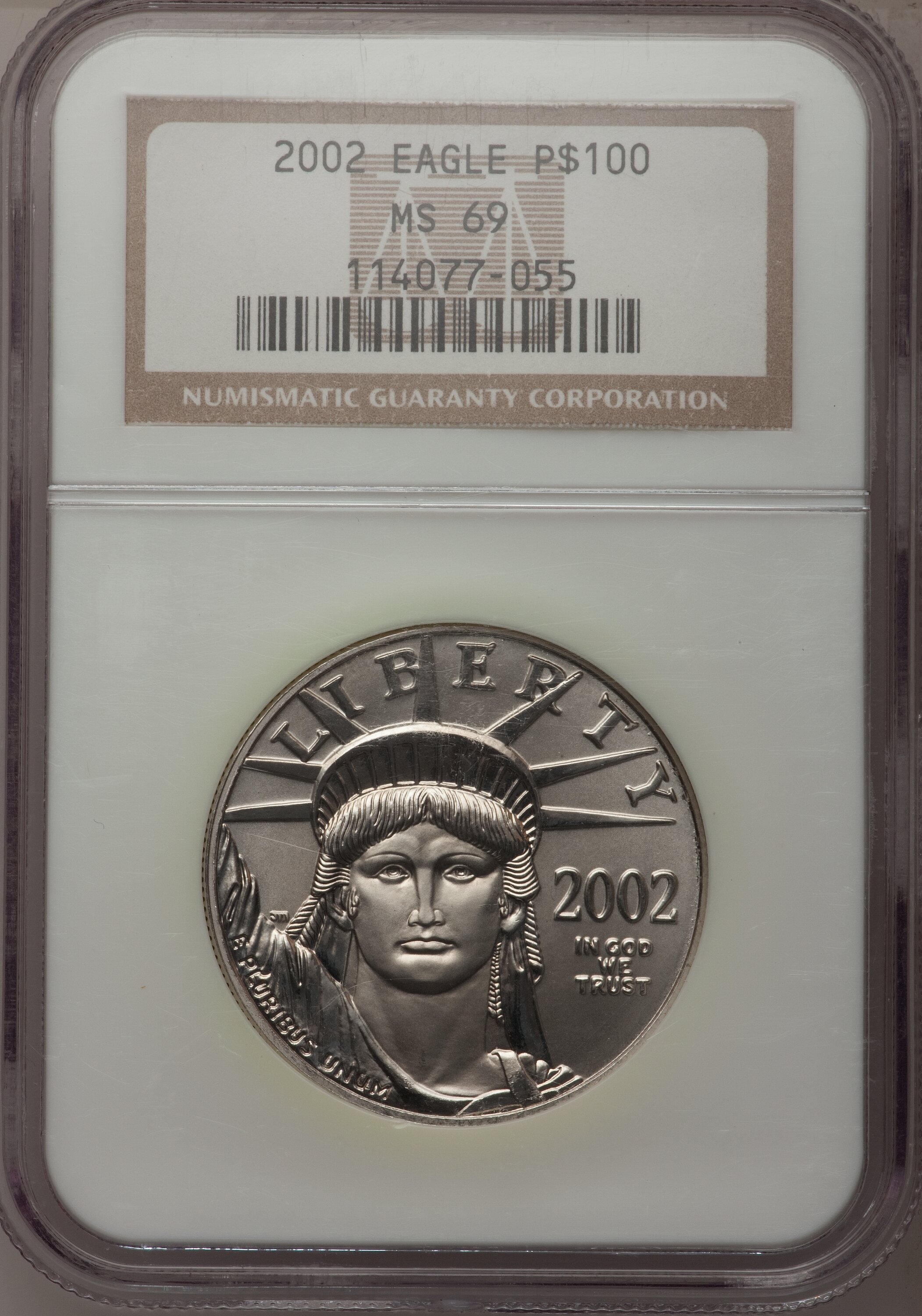 image for: 2002 P$100 One-Ounce Platinum Eagle MS69 NGC. NGC Census: (467/26). PCGS Population (678/1). Mintage: 11,502. Numismedia Ws...