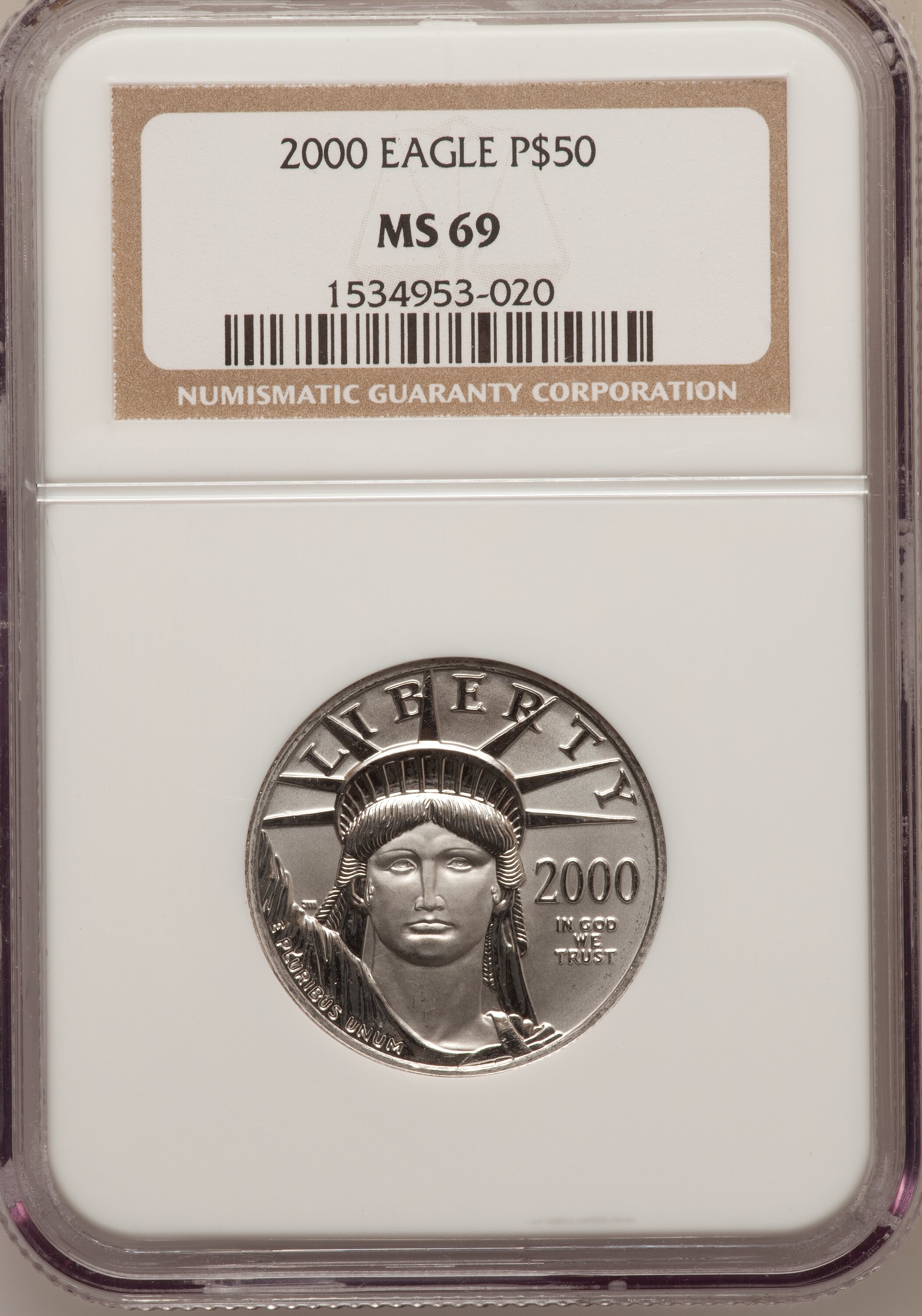 image for: 2000 P$50 Half-Ounce Platinum Eagle MS69 NGC. NGC Census: (1038/13). PCGS Population (950/0). Mintage: 18,892. Numismedia W...