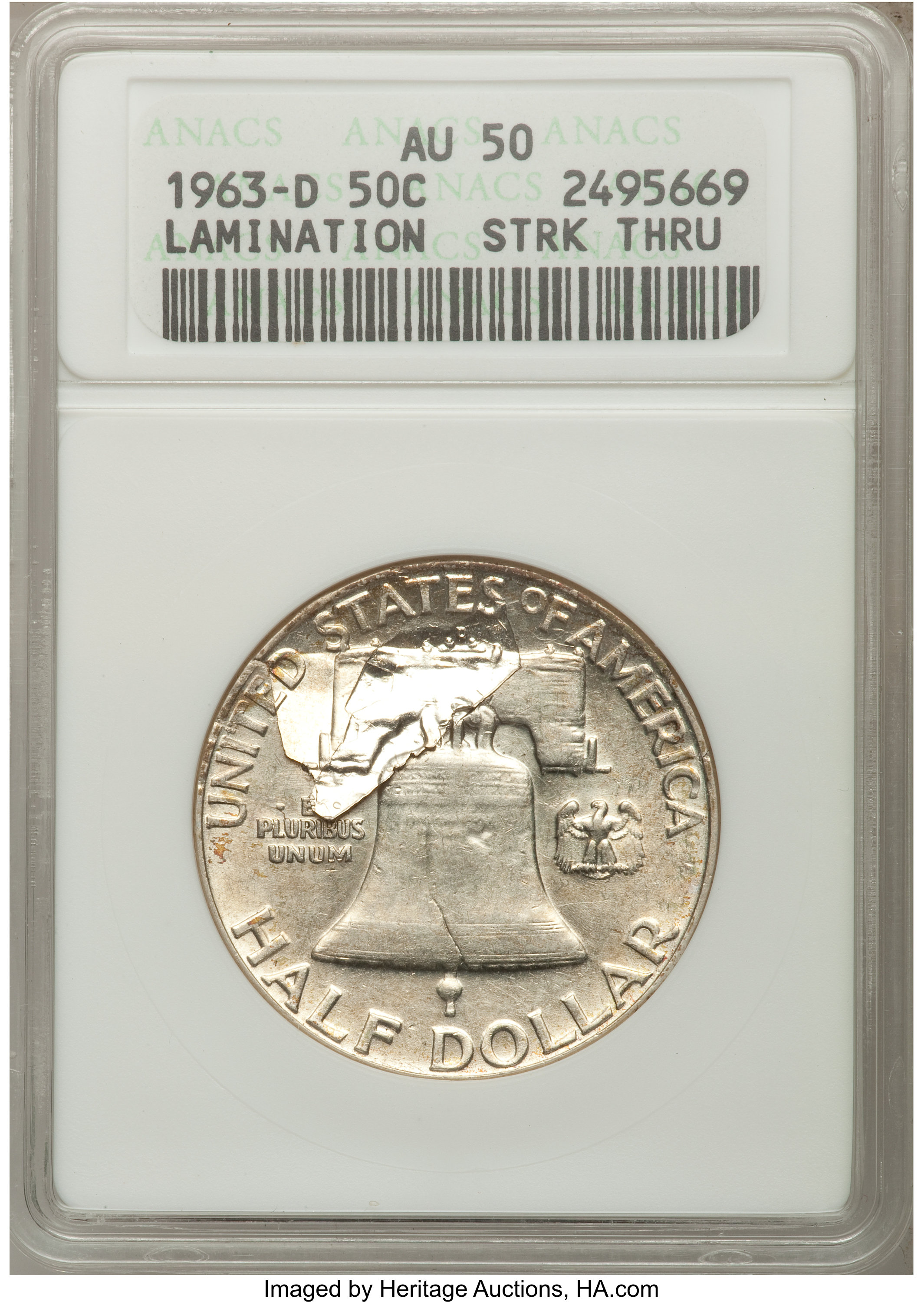 1963-D 50C Franklin Half Dollar Lamination Strk Thru AU50 ANACS. NGC Census: (1/4998). PCGS Population (11/6744). Mintage: ...