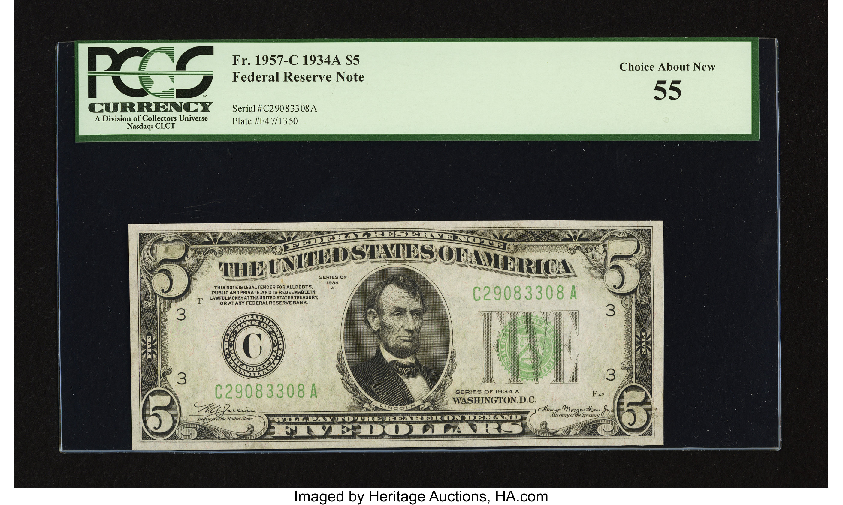 image for: Fr. 1957-C $5 1934A Federal Reserve Note. PCGS Choice About New 55....