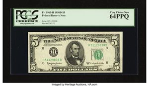 image for: Fr. 1965-H $5 1950D Federal Reserve Note. PCGS Very Choice New 64PPQ....