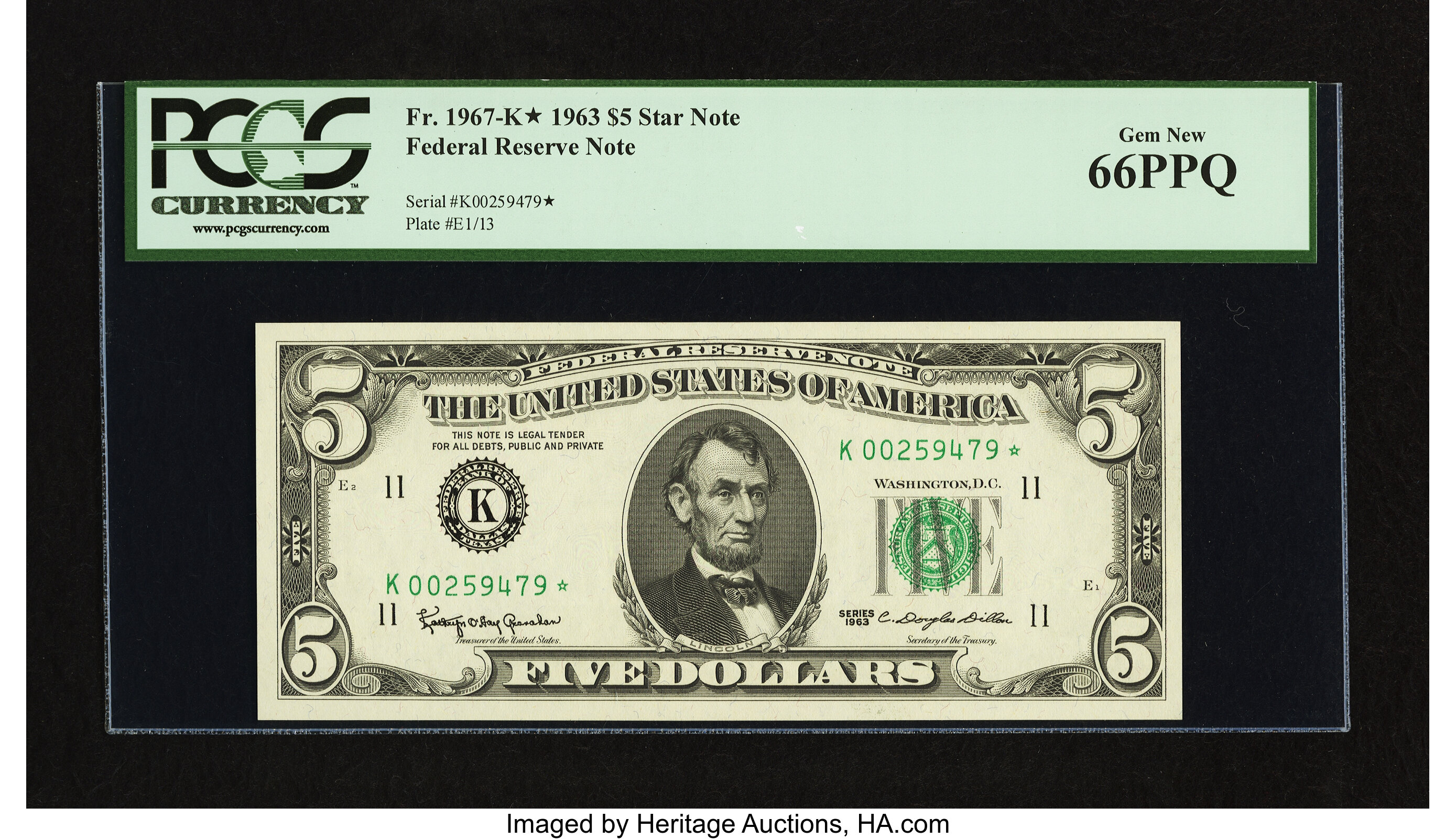 image for: Fr. 1967-K* $5 1963 Federal Reserve Note. PCGS Gem New 66PPQ....
