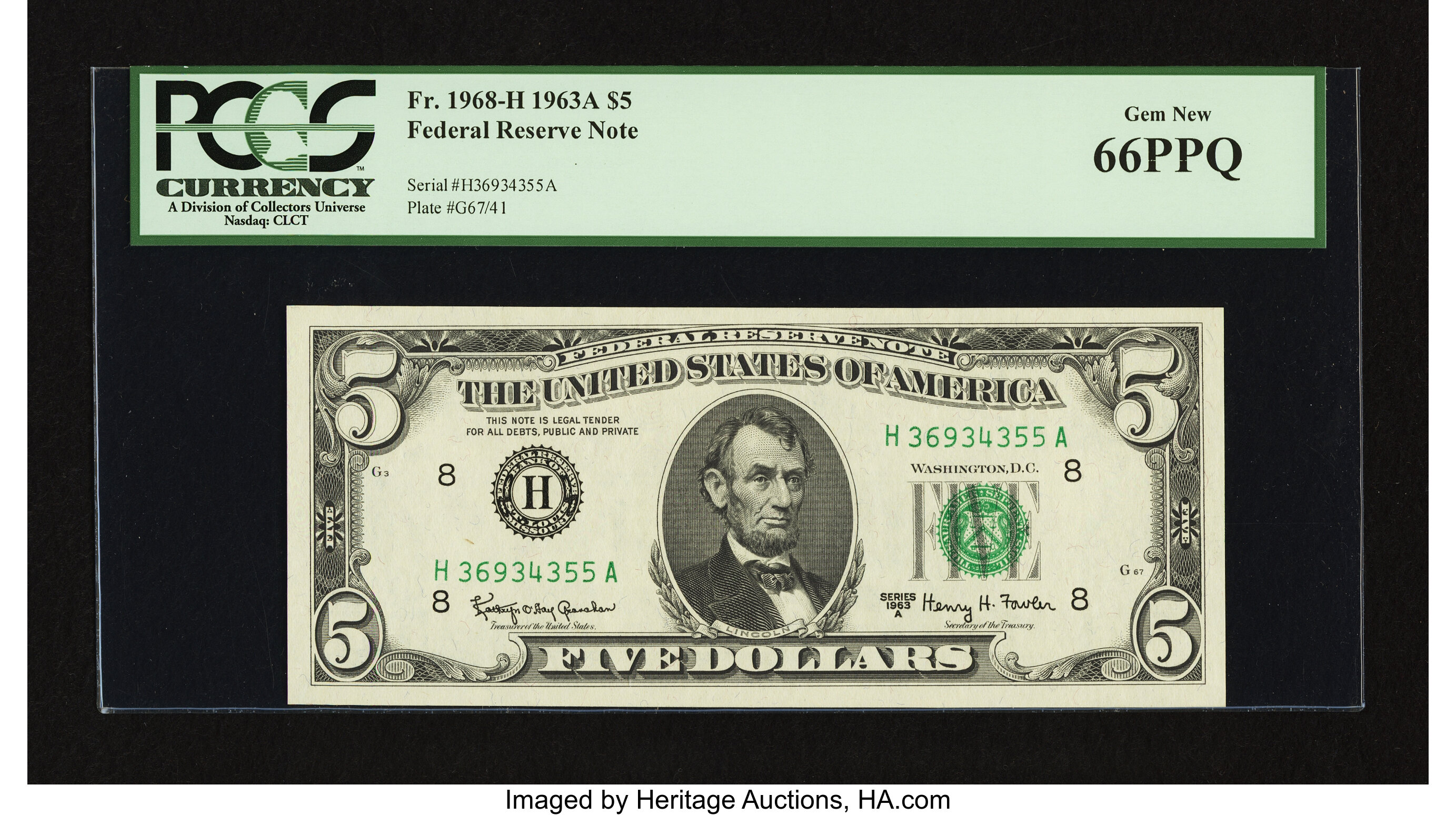 image for: Fr. 1968-H $5 1963A Federal Reserve Note. PCGS Gem New 66PPQ....