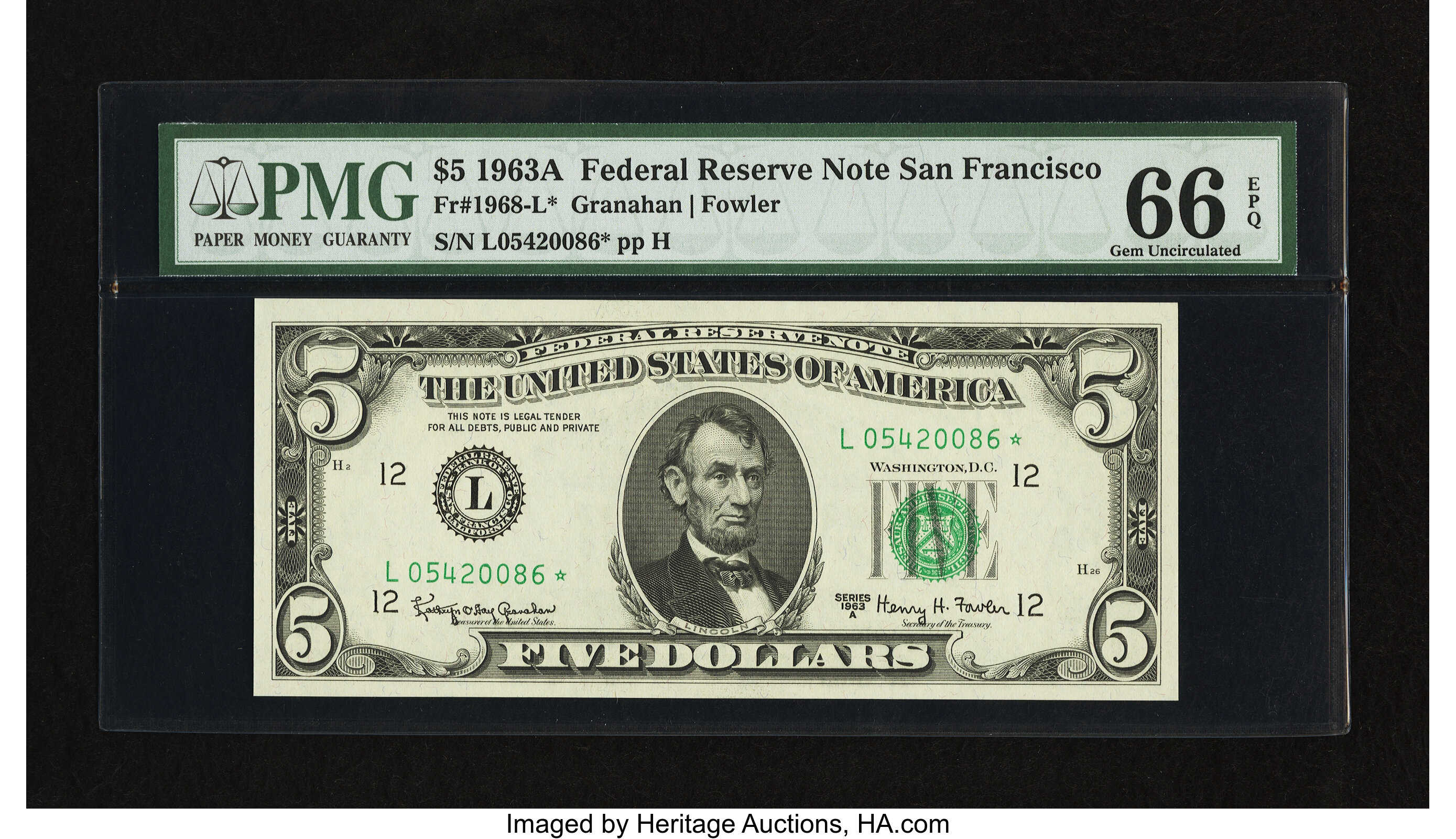 image for: Fr. 1968-L* $5 1963A Federal Reserve Note. PMG Gem Uncirculated 66 EPQ....
