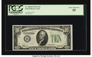 image for: Fr. 2006-B $10 1934A Federal Reserve Note. PCGS Choice About New 55....
