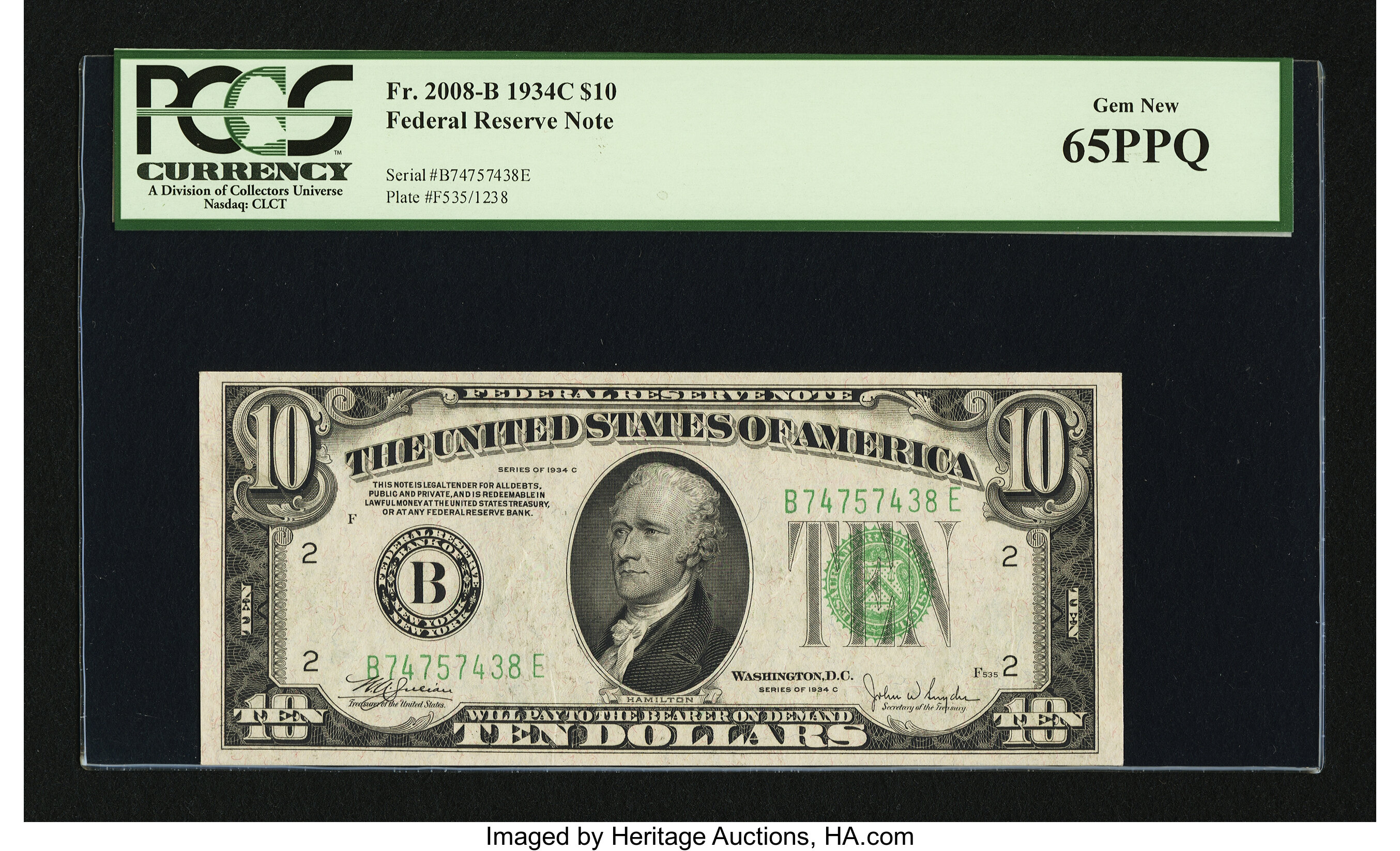 image for: Fr. 2008-B $10 1934C Federal Reserve Note. PCGS Gem New 65PPQ....