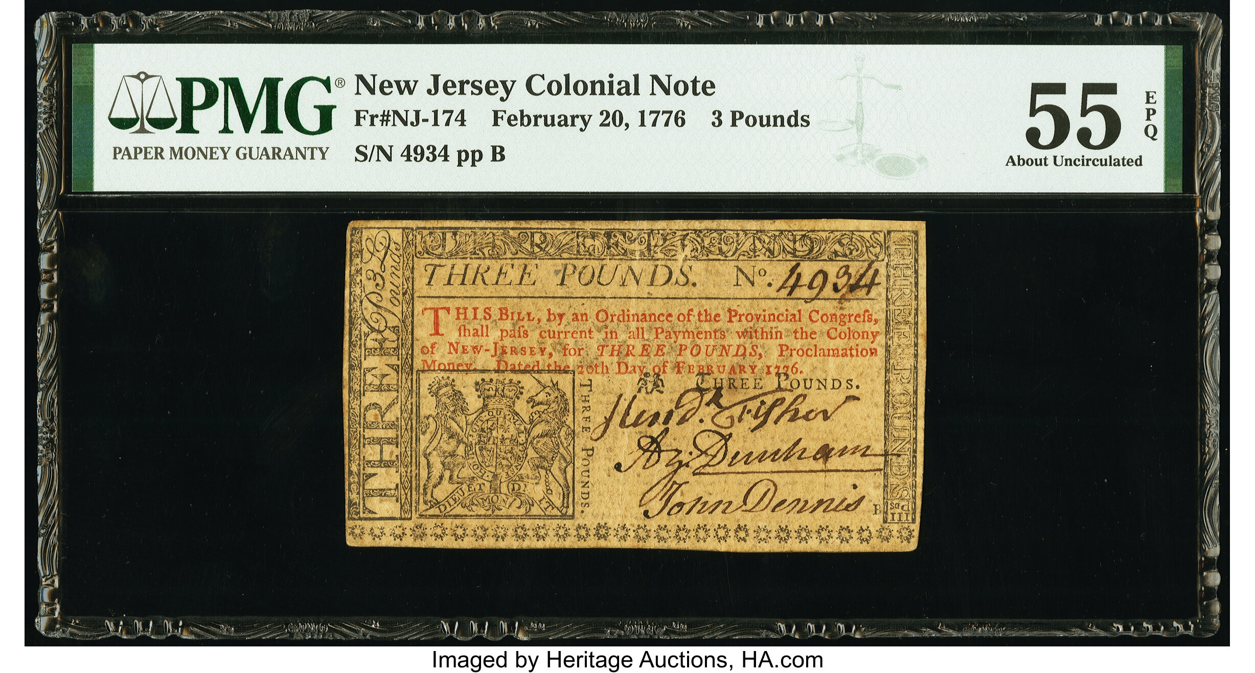 image for: New Jersey February 20, 1776 £3 PMG About Uncirculated 55 EPQ....