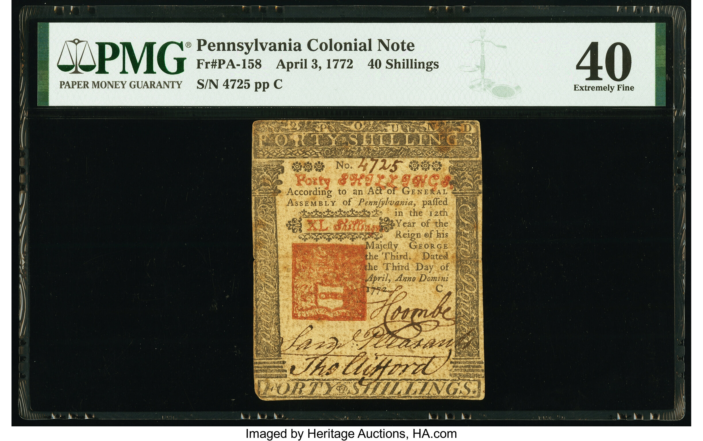 image for: Pennsylvania April 3, 1772 40s PMG Extremely Fine 40....