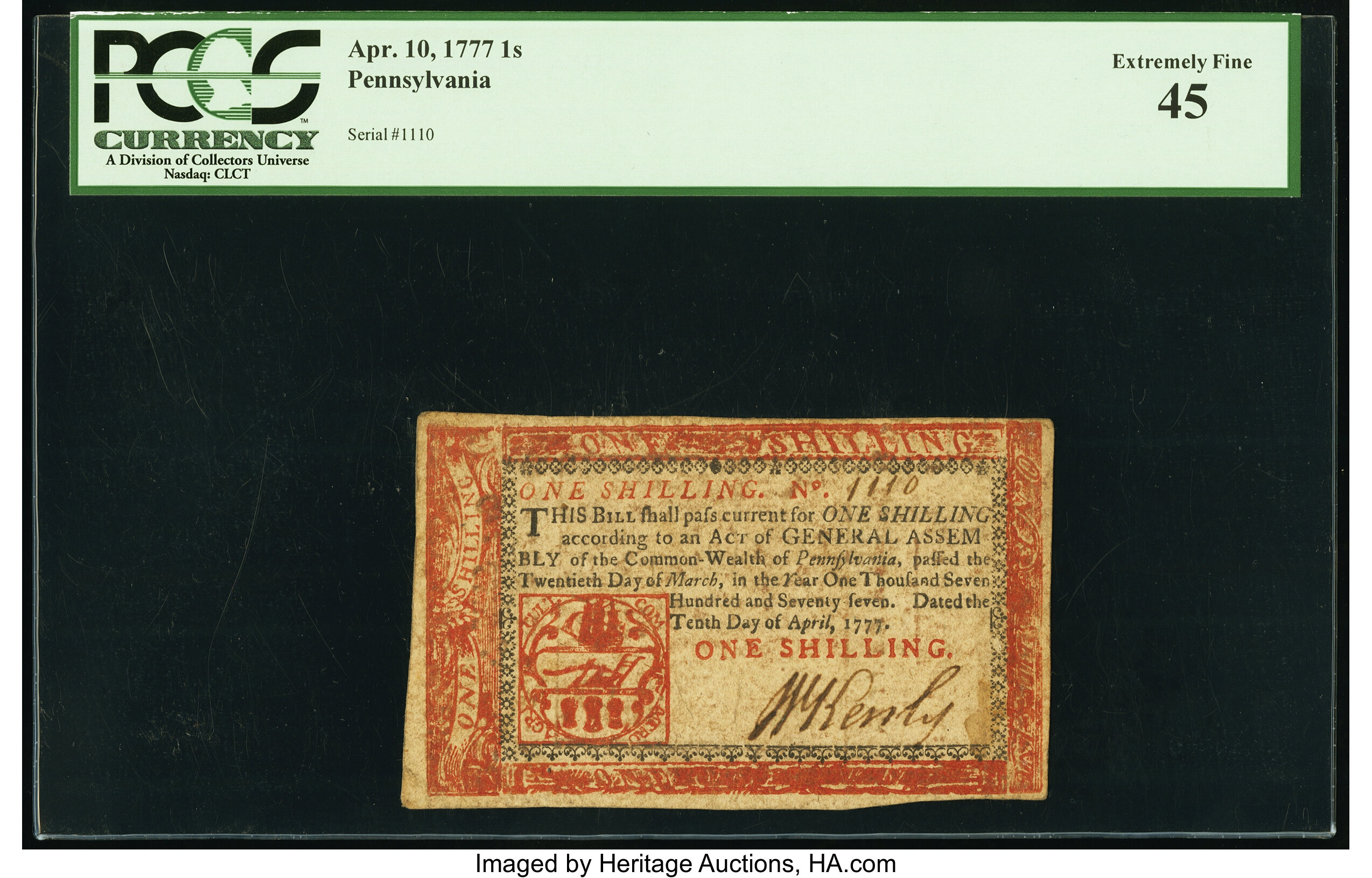 image for: Pennsylvania April 10, 1777 1s Red and Black PCGS Extremely Fine 45....