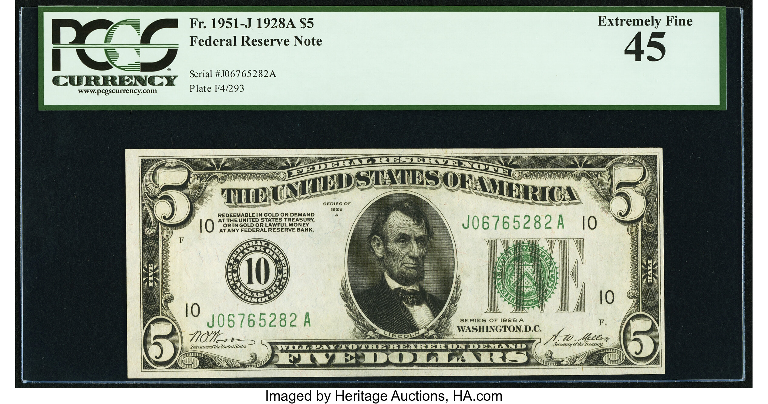 image for: Fr. 1951-J $5 1928A Federal Reserve Note. PCGS Extremely Fine 45....