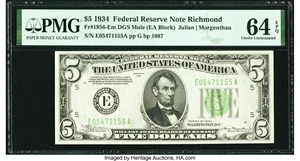 image for: Fr. 1956-E $5 1934 Dark Green Seal Mule Federal Reserve Note. PMG Choice Uncirculated 64 EPQ....