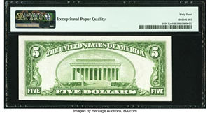 image for: Fr. 1956-E $5 1934 Dark Green Seal Mule Federal Reserve Note. PMG Choice Uncirculated 64 EPQ....