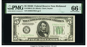 image for: Fr. 1960-E $5 1934D Federal Reserve Note. PMG Gem Uncirculated 66 EPQ....