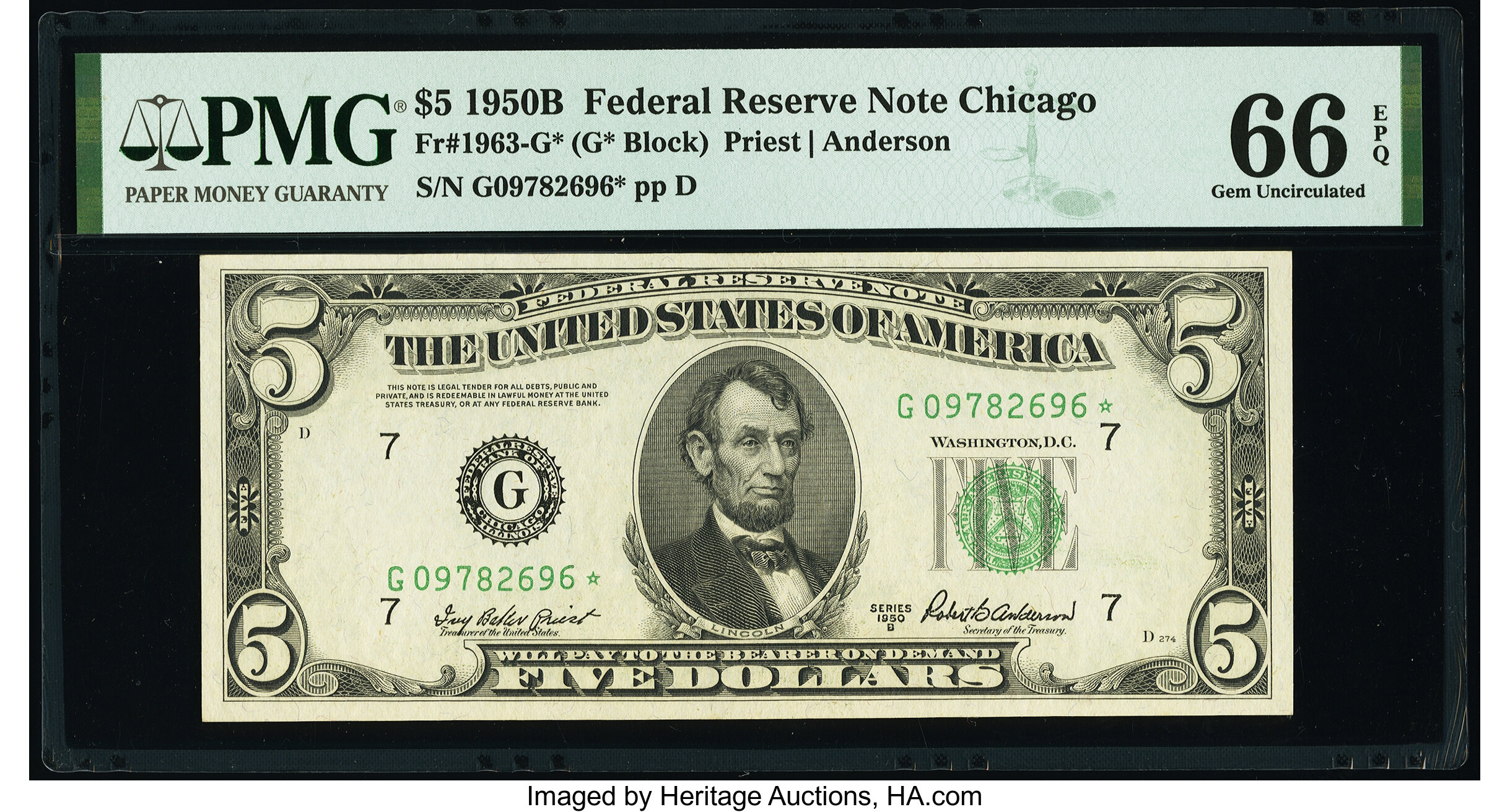 image for: Fr. 1963-G* $5 1950B Federal Reserve Note. PMG Gem Uncirculated 66 EPQ....