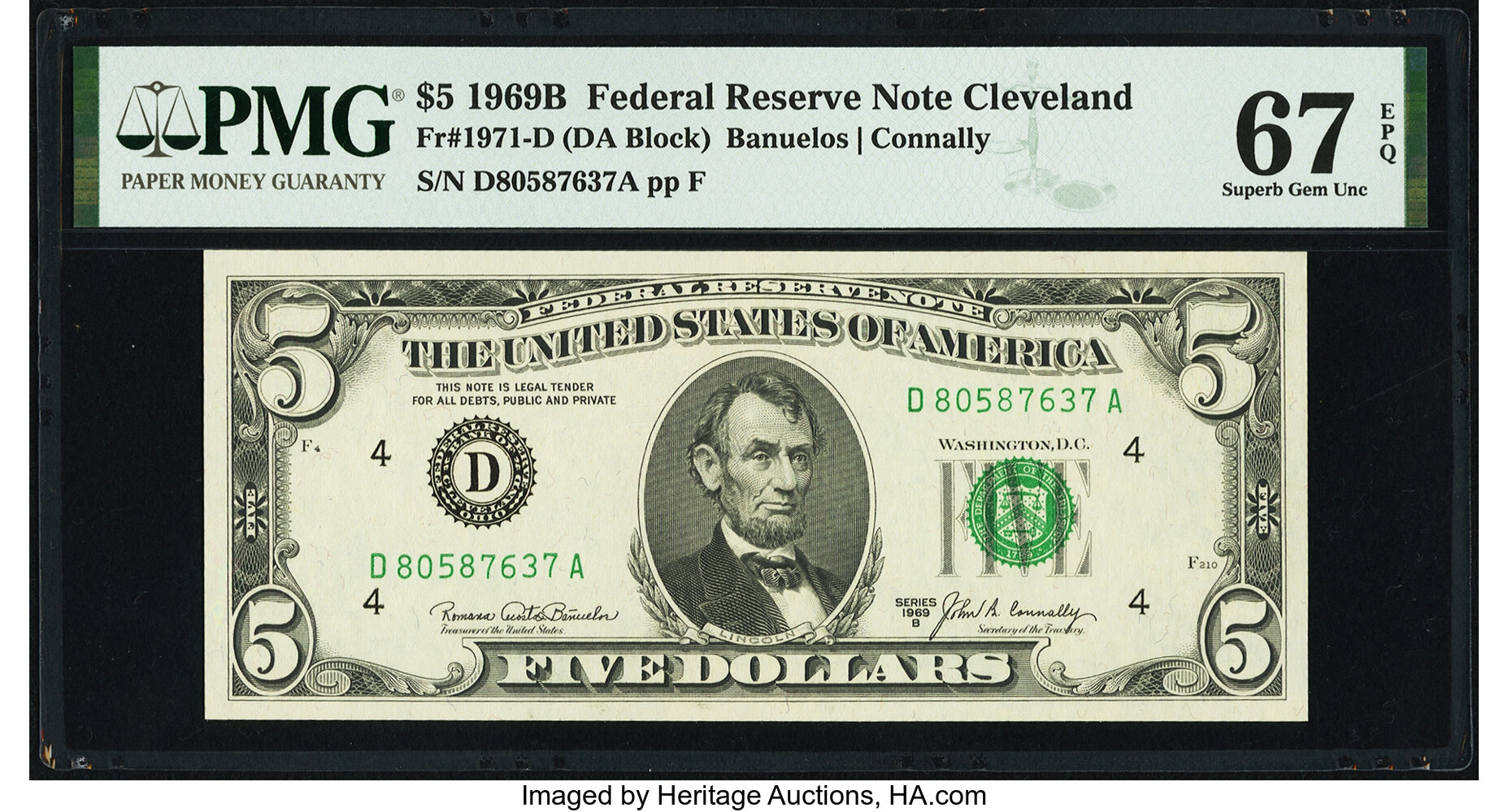 image for: Fr. 1971-D $5 1969B Federal Reserve Note. PMG Superb Gem Unc 67 EPQ....