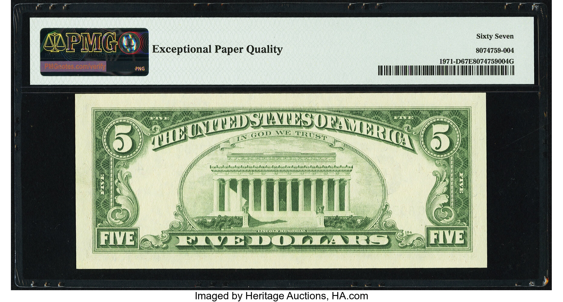 image for: Fr. 1971-D $5 1969B Federal Reserve Note. PMG Superb Gem Unc 67 EPQ....