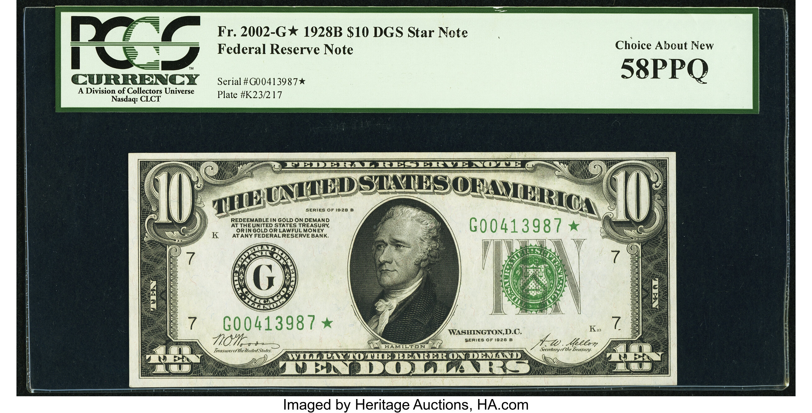 image for: Fr. 2002-G* $10 1928B Dark Green Seal Federal Reserve Star Note. PCGS Choice About New 58PPQ....