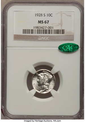image for: 1928-S 10C MS67 NGC. CAC. ...