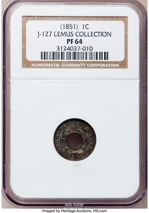 image for: 1851 P1C One Cent, Judd-127 Original, Pollock-149, Low R.6, PR64 NGC....