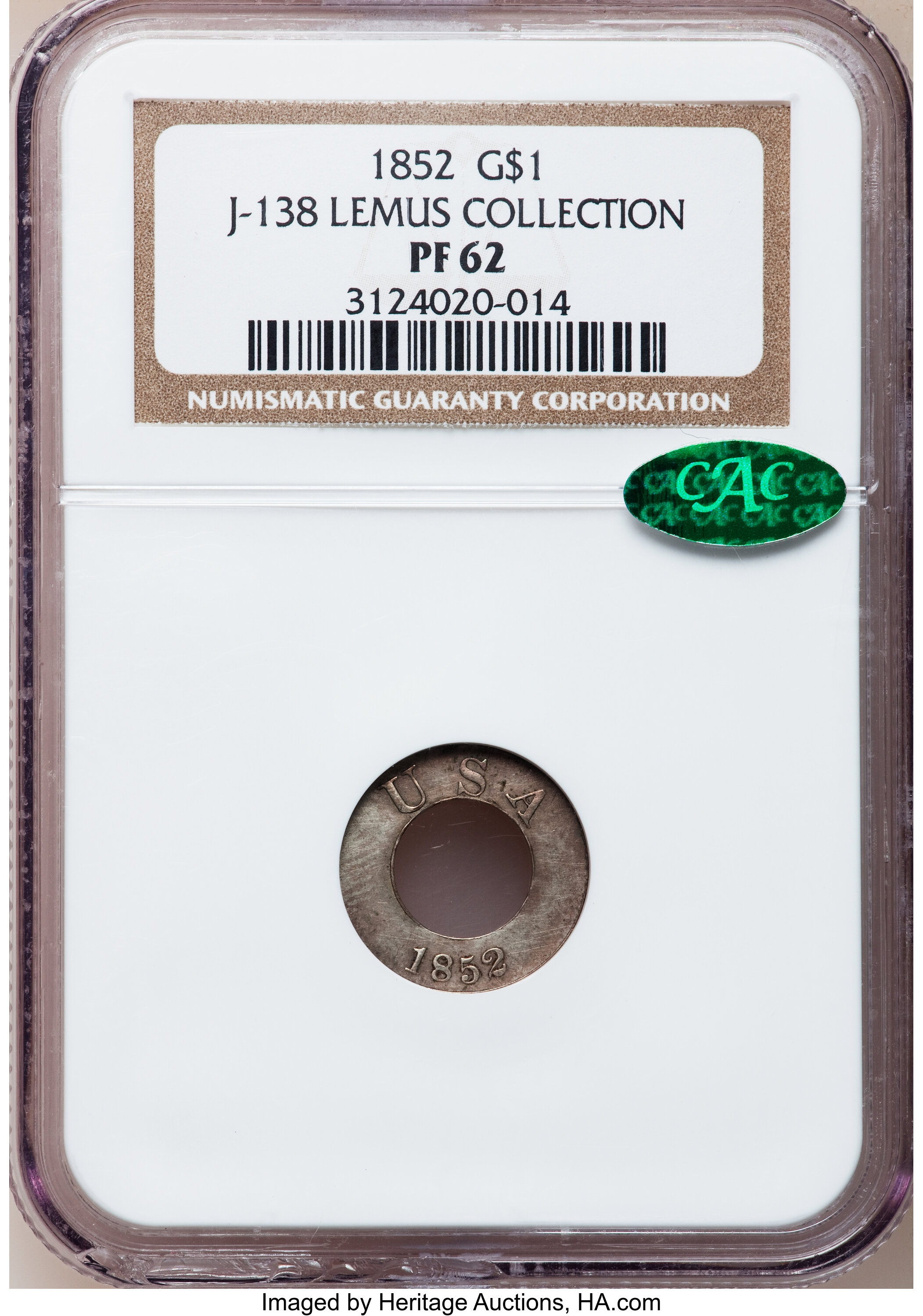 image for: 1852 PG$1 Gold Dollar, Judd-138 Thin, Pollock-165, Low R.7, PR62 NGC. CAC....