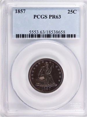 image for: 1857 25C PR63 PCGS. PCGS Population (11/15). NGC Census: (5/23). Mintage: 40. Numismedia Wsl. Price for problem free NGC/PC...