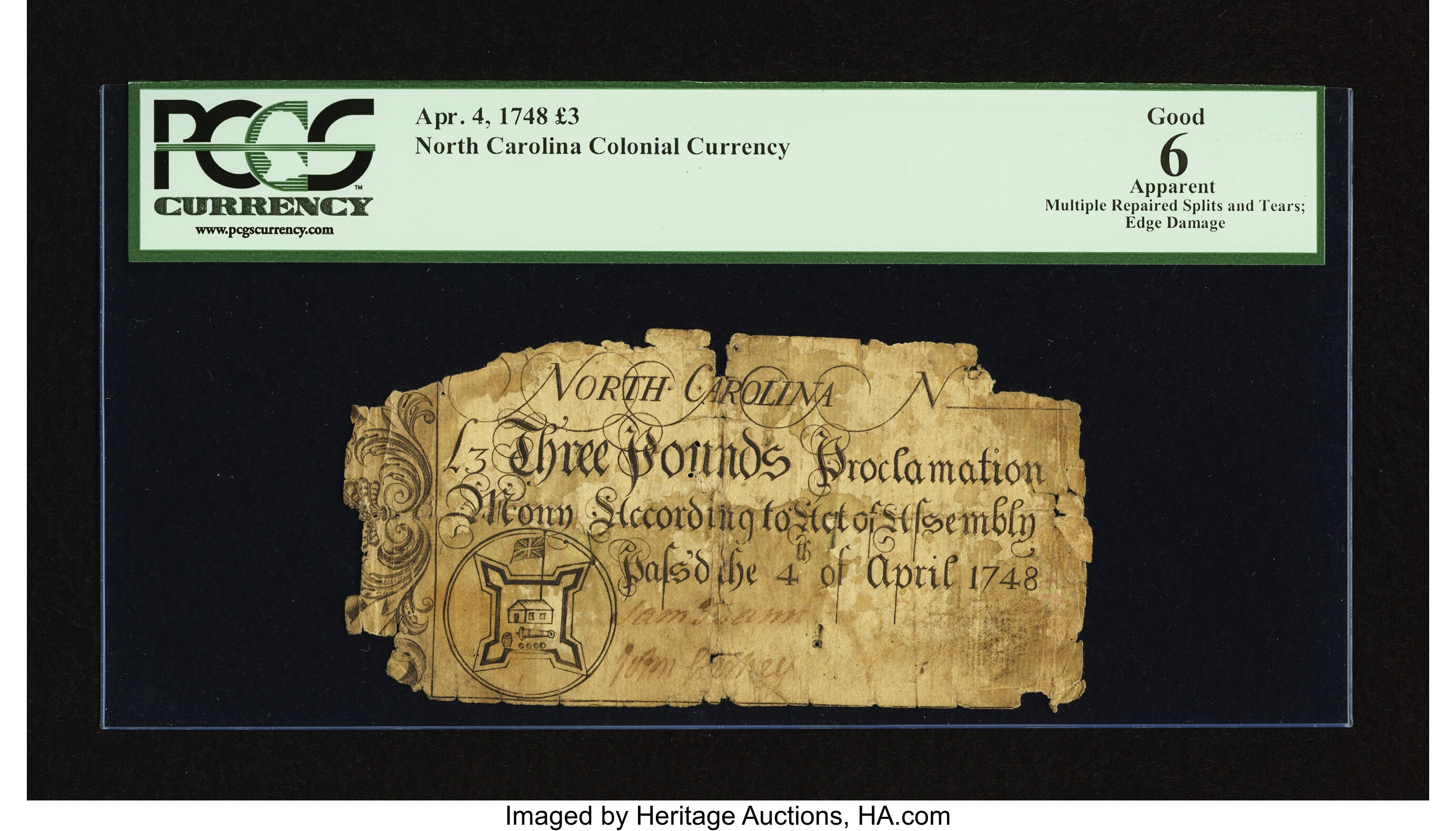 image for: North Carolina April 4, 1748 £3 PCGS Apparent Good 06....