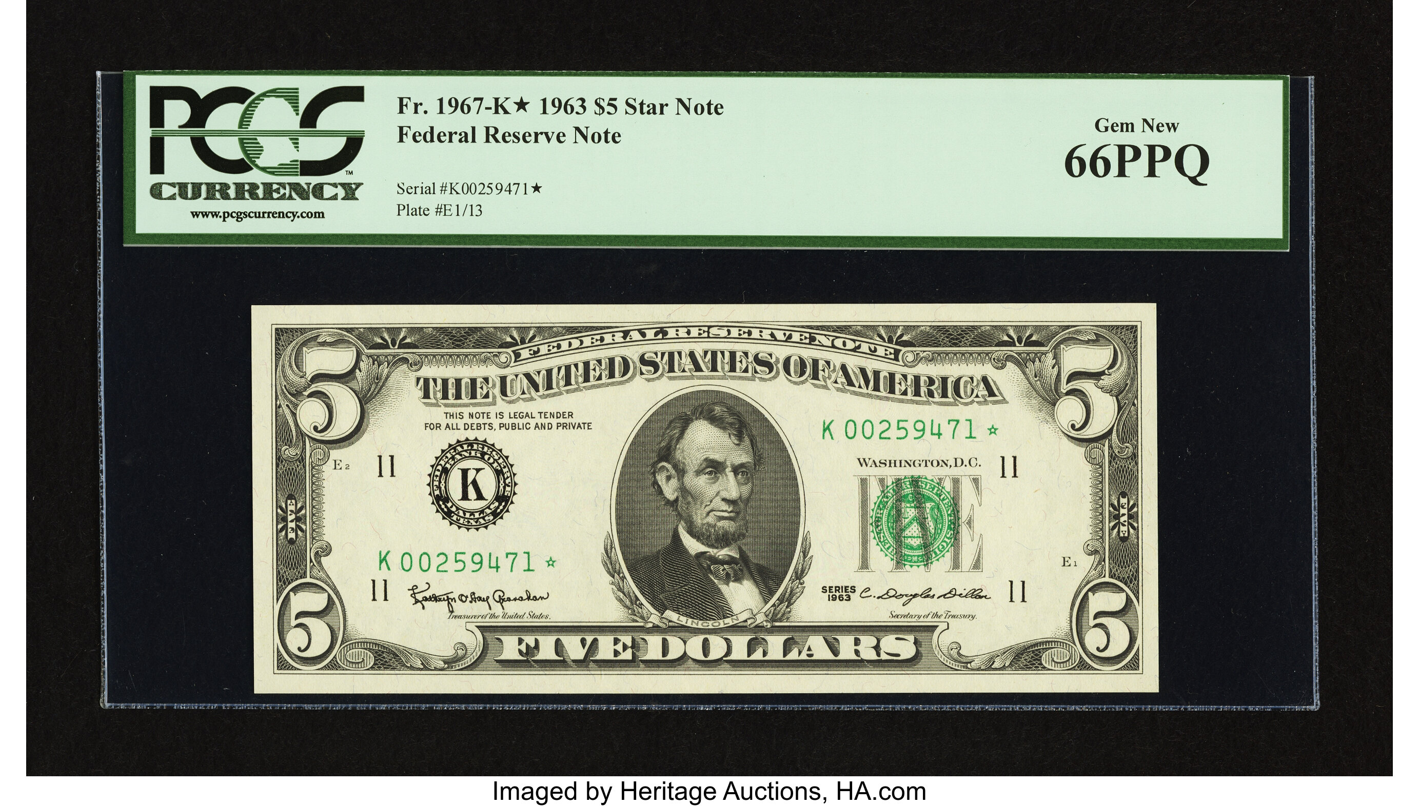image for: Fr. 1967-K* $5 1963 Federal Reserve Note. PCGS Gem New 66PPQ....