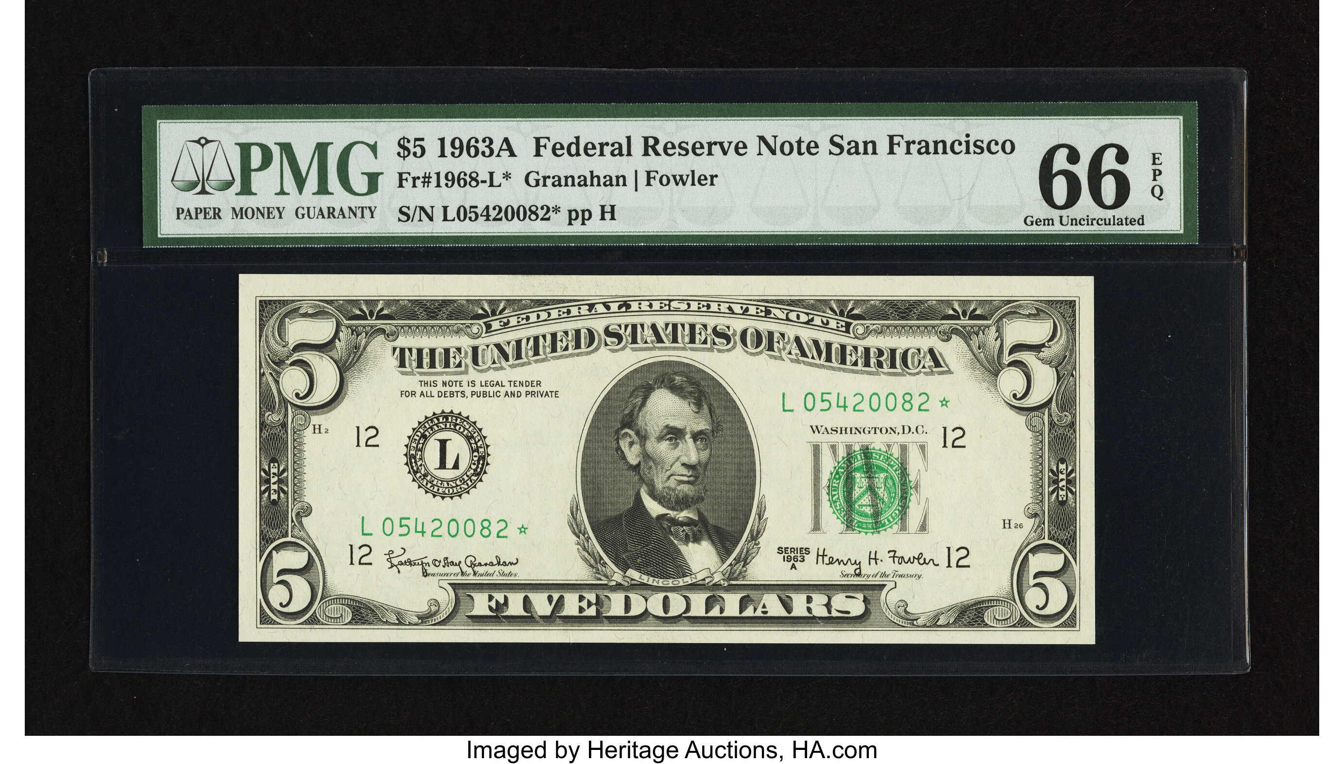 image for: Fr. 1968-L* $5 1963A Federal Reserve Note. PMG Gem Uncirculated 66 EPQ....