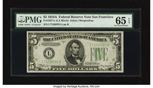 image for: Fr. 1957-L $5 1934A Federal Reserve Note. PMG Gem Uncirculated 65 EPQ....