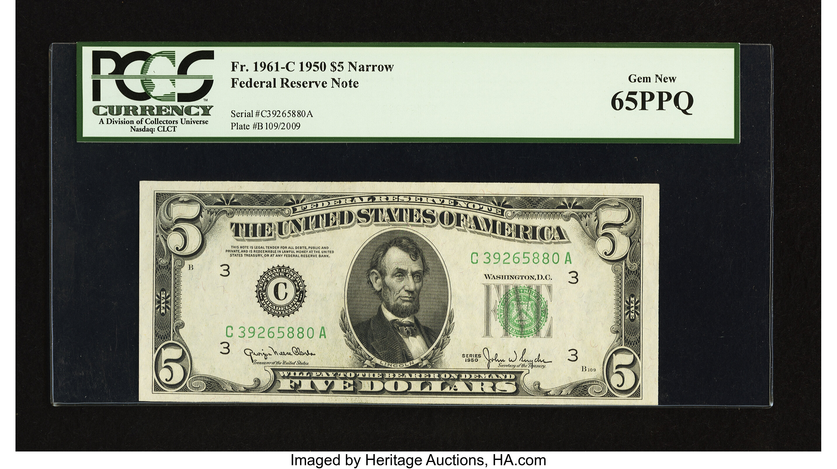 image for: Fr. 1961-C $5 1950 Narrow Federal Reserve Note. PCGS Gem New 65PPQ....