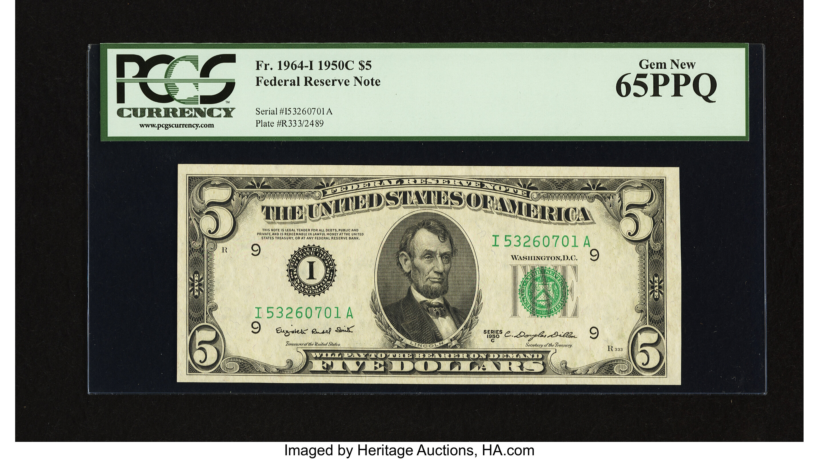 image for: Fr. 1964-I $5 1950C Federal Reserve Note. PCGS Gem New 65PPQ....