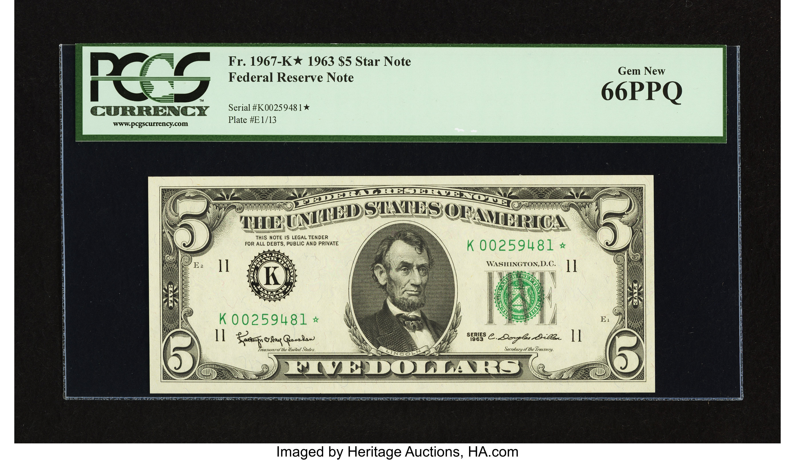 image for: Fr. 1967-K* $5 1963 Federal Reserve Note. PCGS Gem New 66PPQ....