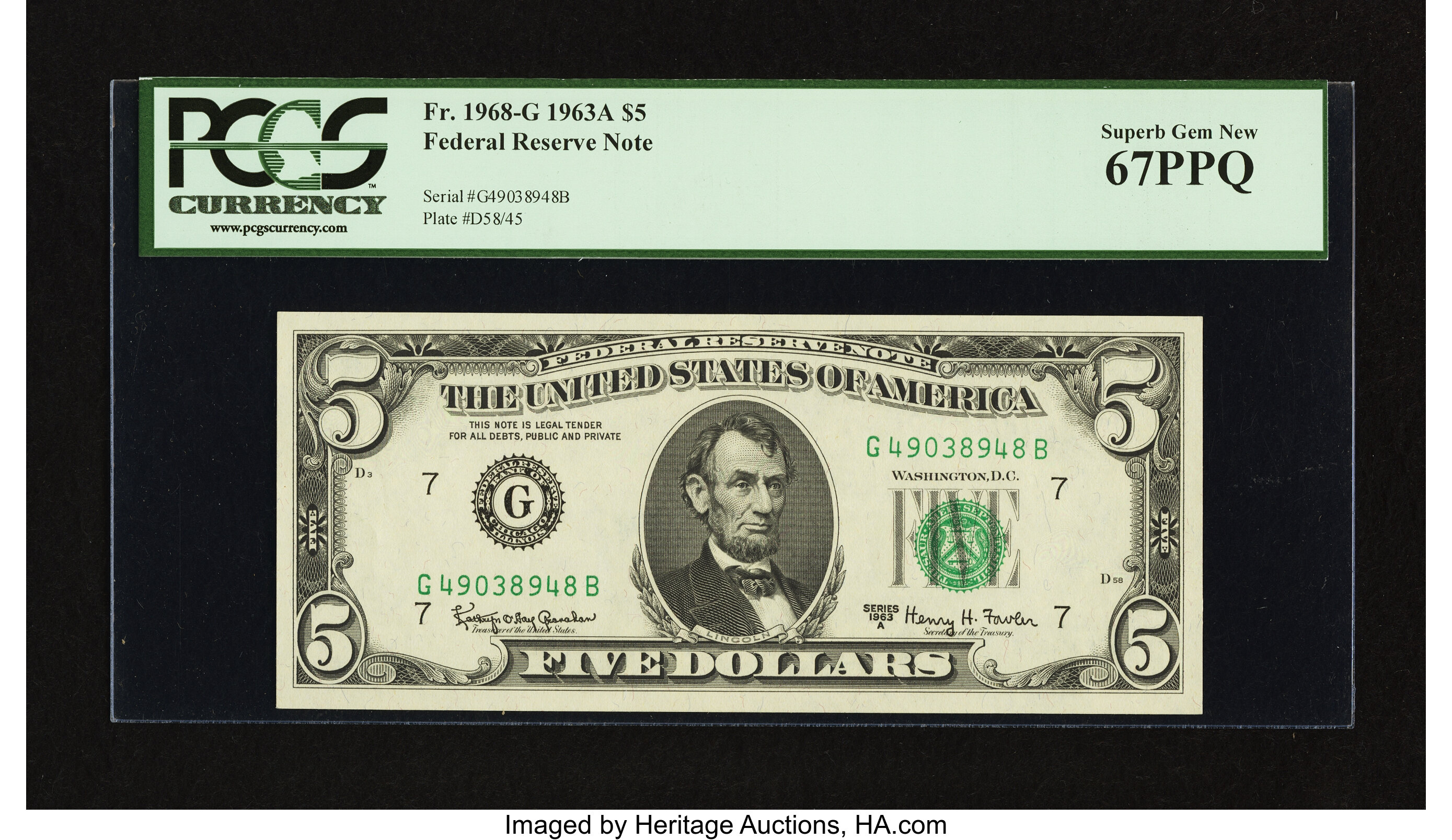 image for: Fr. 1968-G $5 1963A Federal Reserve Note. PCGS Superb Gem New 67PPQ....